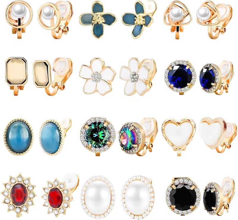 NEWITIN 12 Pairs Clip On Earrings for Women Cute Earring Crystal Pearl Stud Charming Fashion Earring Non Piercing Clip on Stud Earrings for Women - Image 1